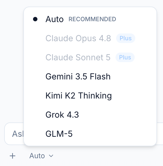 Model picker dropdown with Auto selected and tagged Recommended, plus optional models including Gemini 3.5 Flash, Kimi K2 Thinking, Grok 4.3, and GLM-5.