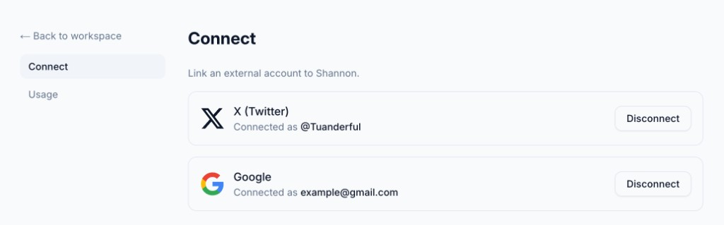 Shannon Connect settings with X linked as @Tuanderful and Google linked as example@gmail.com, each with a Disconnect button.