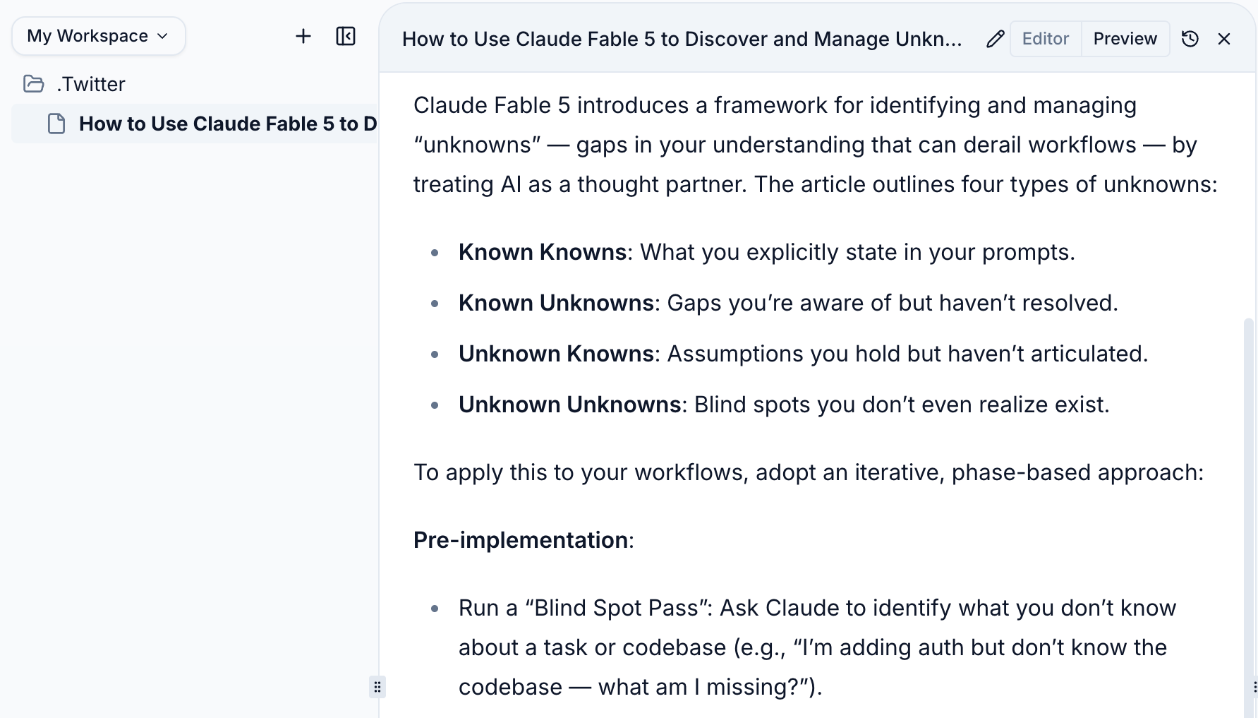 Shannon workspace with a .Twitter folder open, showing a filed summary titled How to Use Claude Fable 5 to Discover and Manage Unknowns with bullet points on known knowns, known unknowns, unknown knowns, and unknown unknowns.